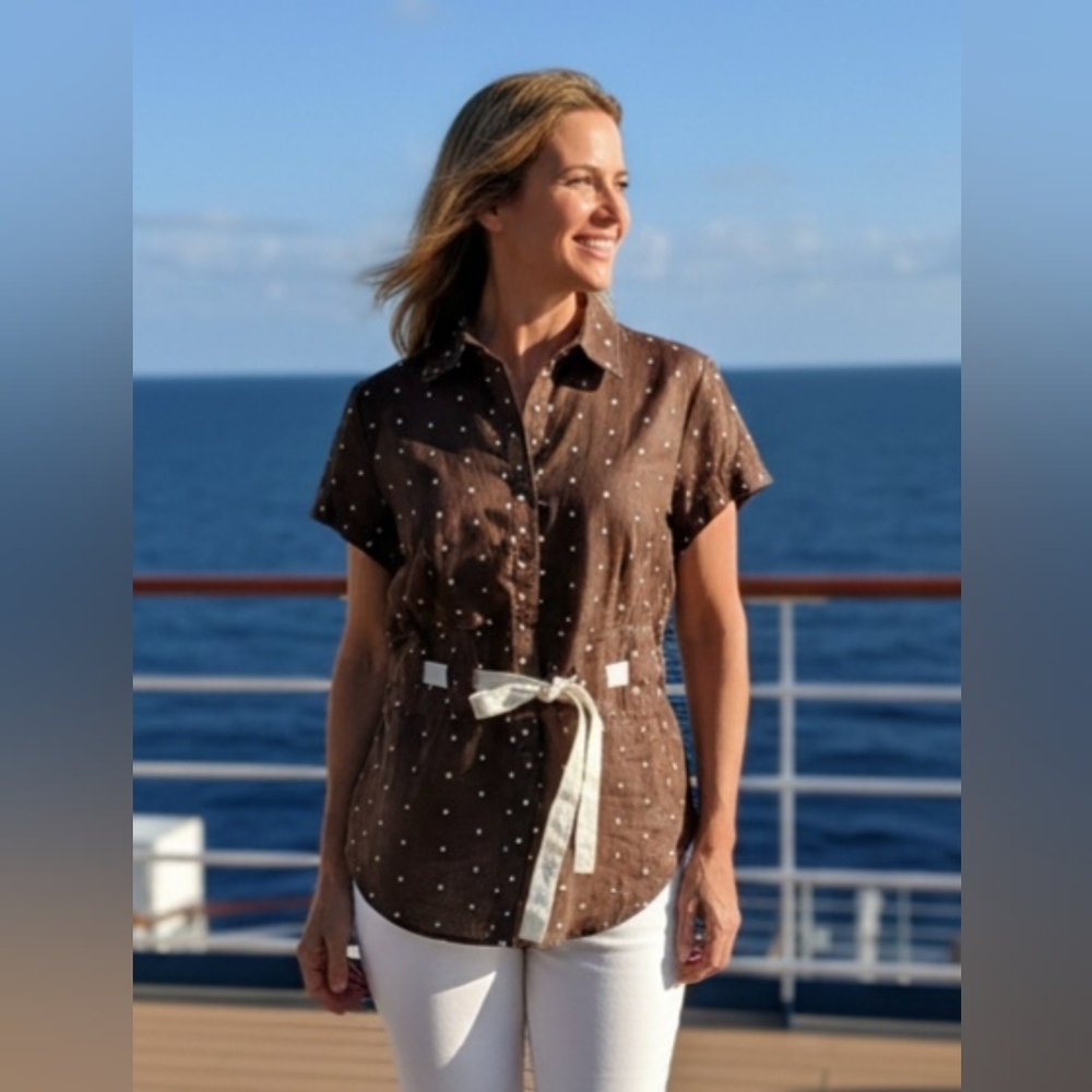Linen Brown Polka Dot Women's Top with White Accents XL Saint Tropez West Summer